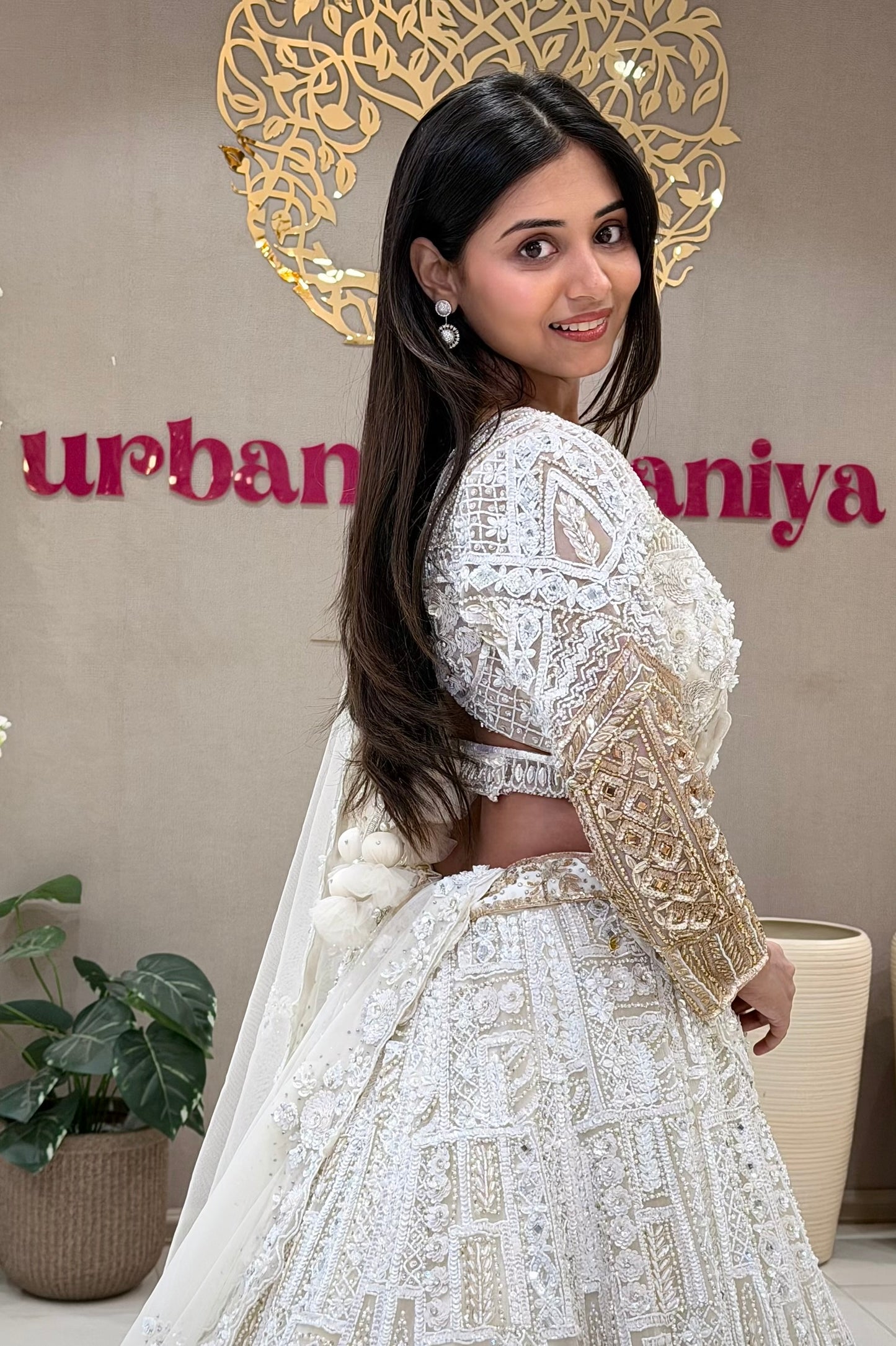 White bridal lehenga boutique MG Road Pune – white gold panel set at Urban Dulhaniya Oswal Plaza