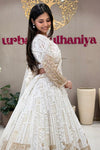 Side view white bridal lehenga with geometric embroidery and sheer sleeves – Urban Dulhaniya Pune