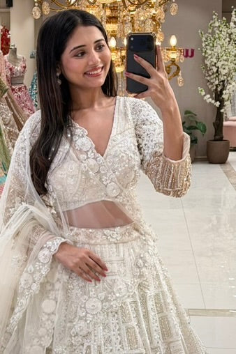 White Gold Bridal Lehenga with Geometric Panel Skirt, 3D Floral Blouse and Sheer Net Dupatta