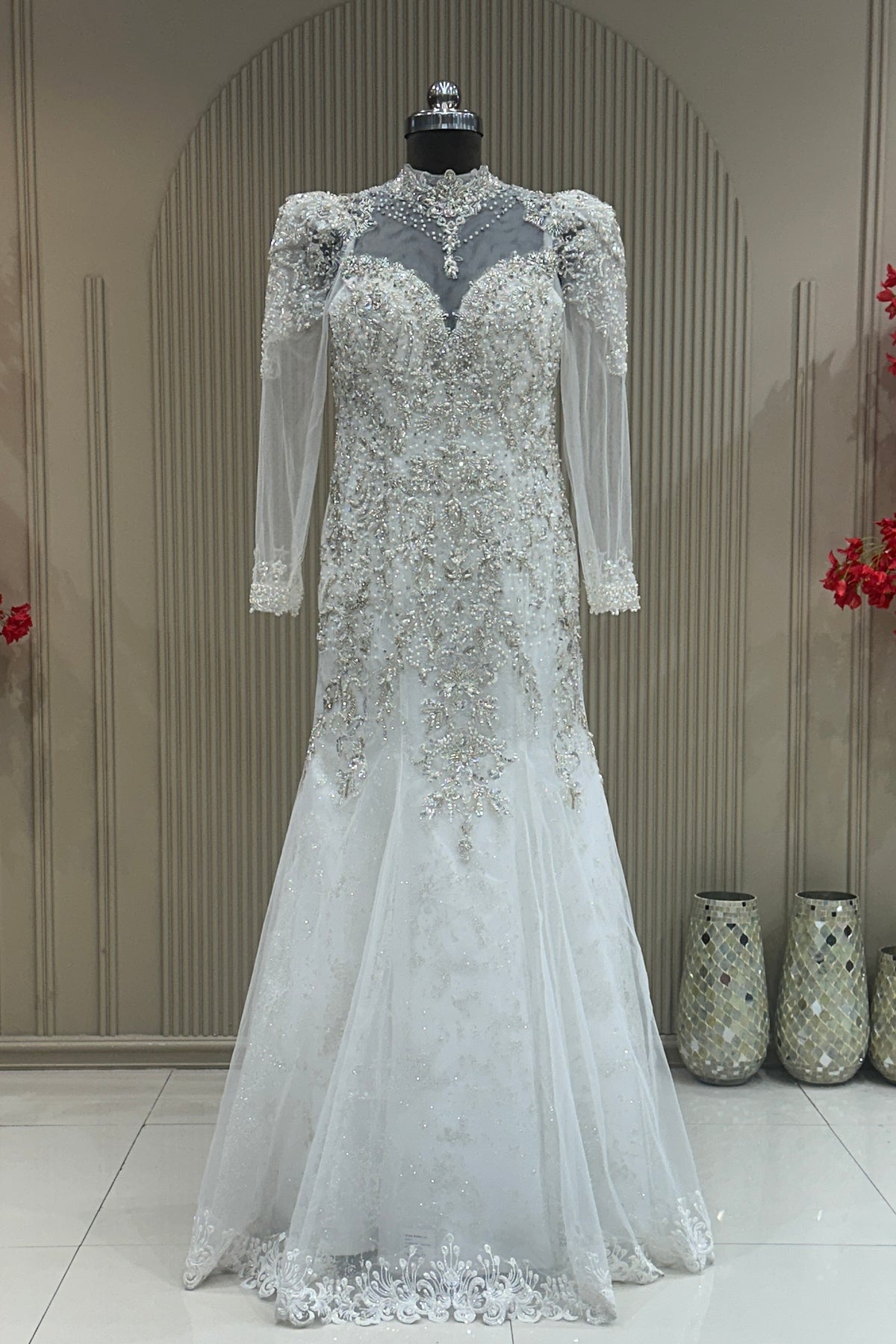 Full front view off white net pearl cutdana gown designer bridal wear at Urban Dulhaniya Pune