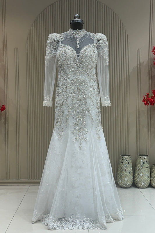 Full front view off white net pearl cutdana gown designer bridal wear at Urban Dulhaniya Pune