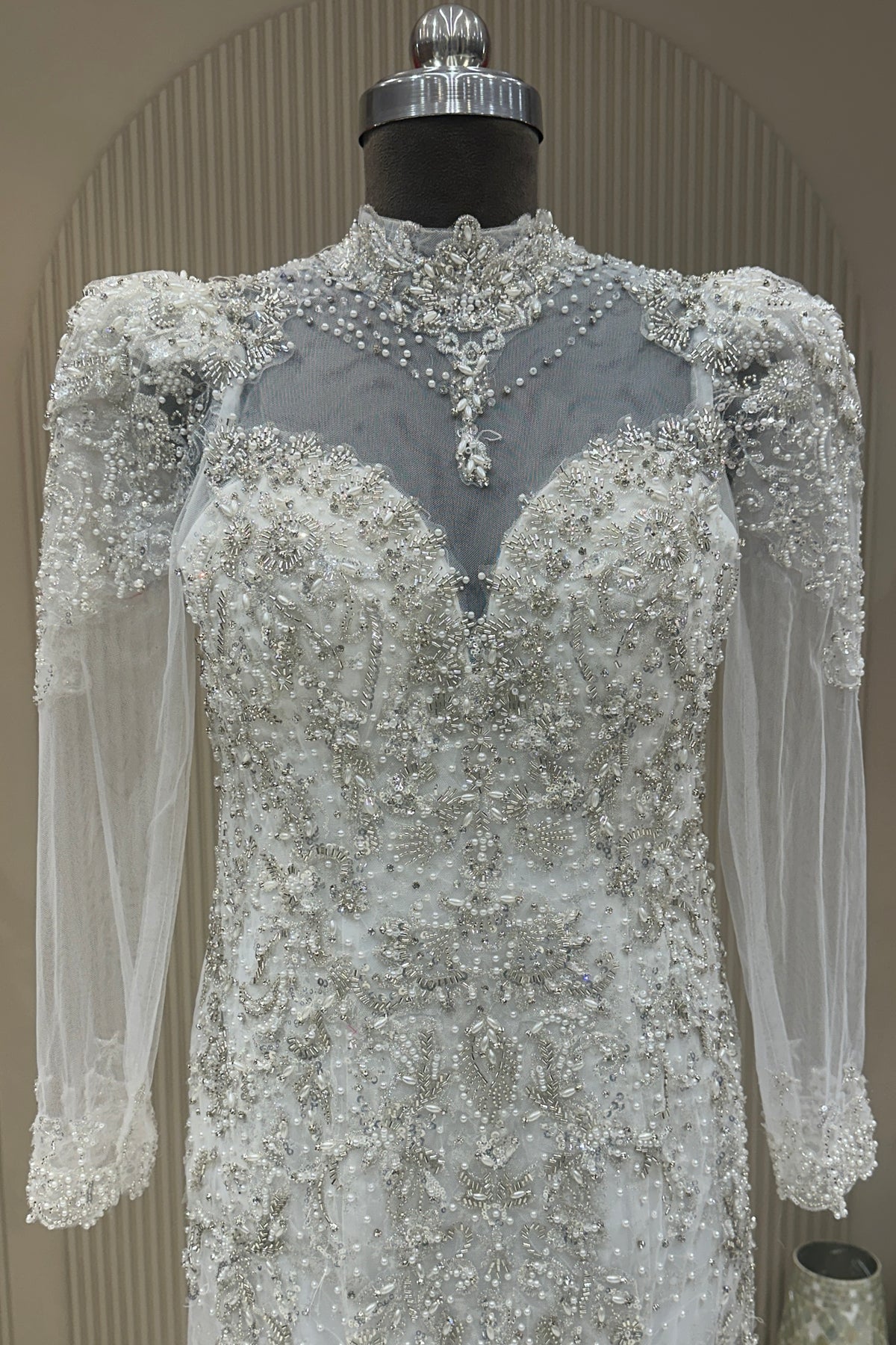 Front close-up off white net high neck embellished dress premium ethnic wear from Urban Dulhaniya