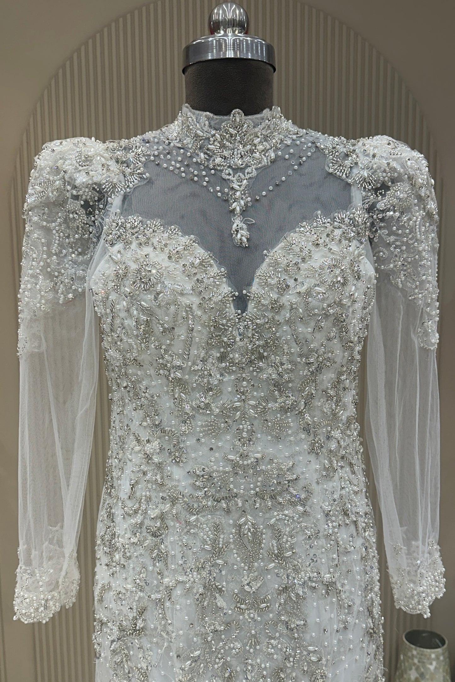 Front close-up off white net high neck embellished dress premium ethnic wear from Urban Dulhaniya