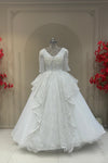 Full front view off white net pearl sequence gown with ballgown skirt designer bridal wear at Urban Dulhaniya Pune