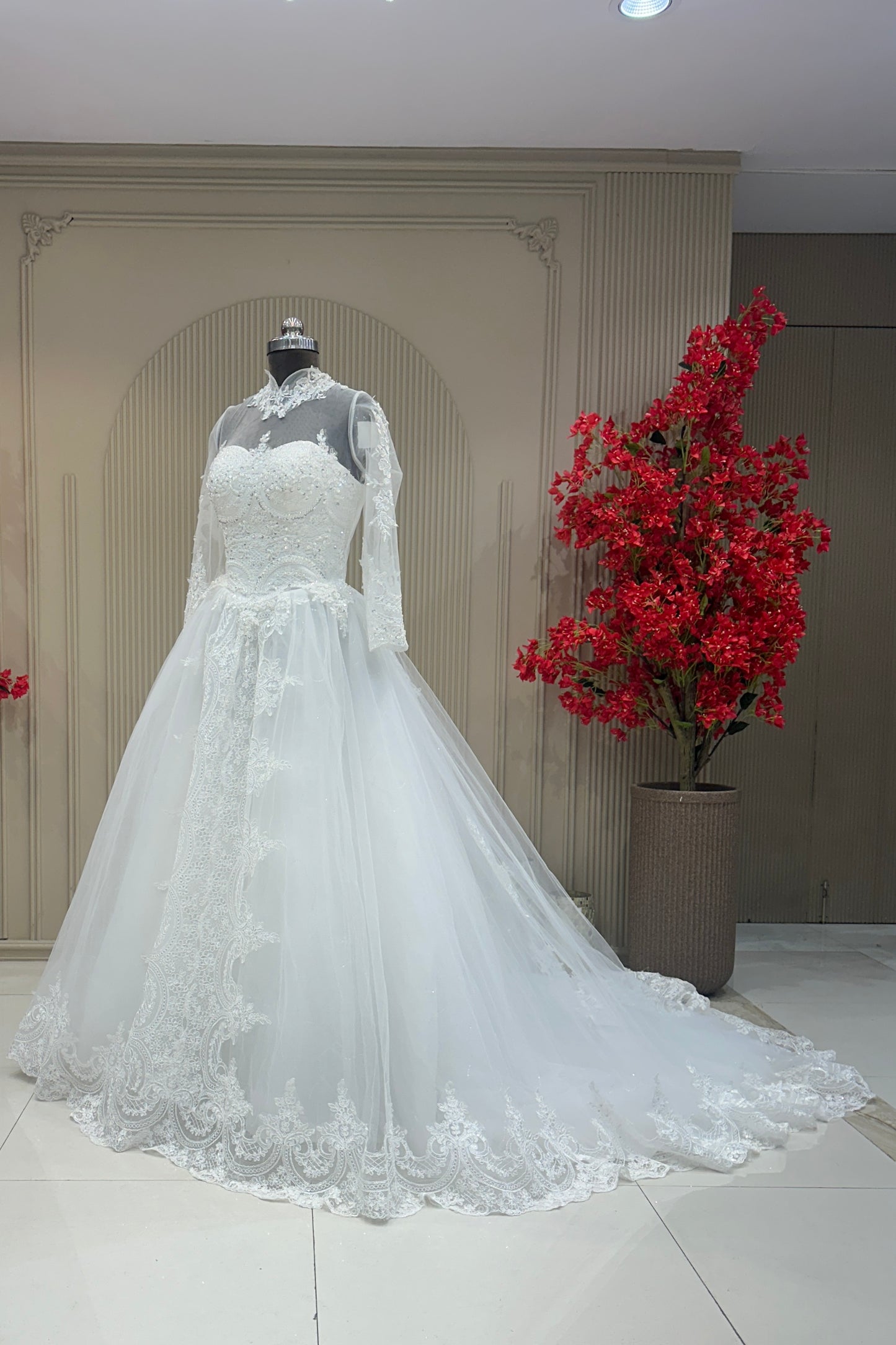 Full front side view off white net pearl sequence gown with train designer bridal wear at Urban Dulhaniya Pune