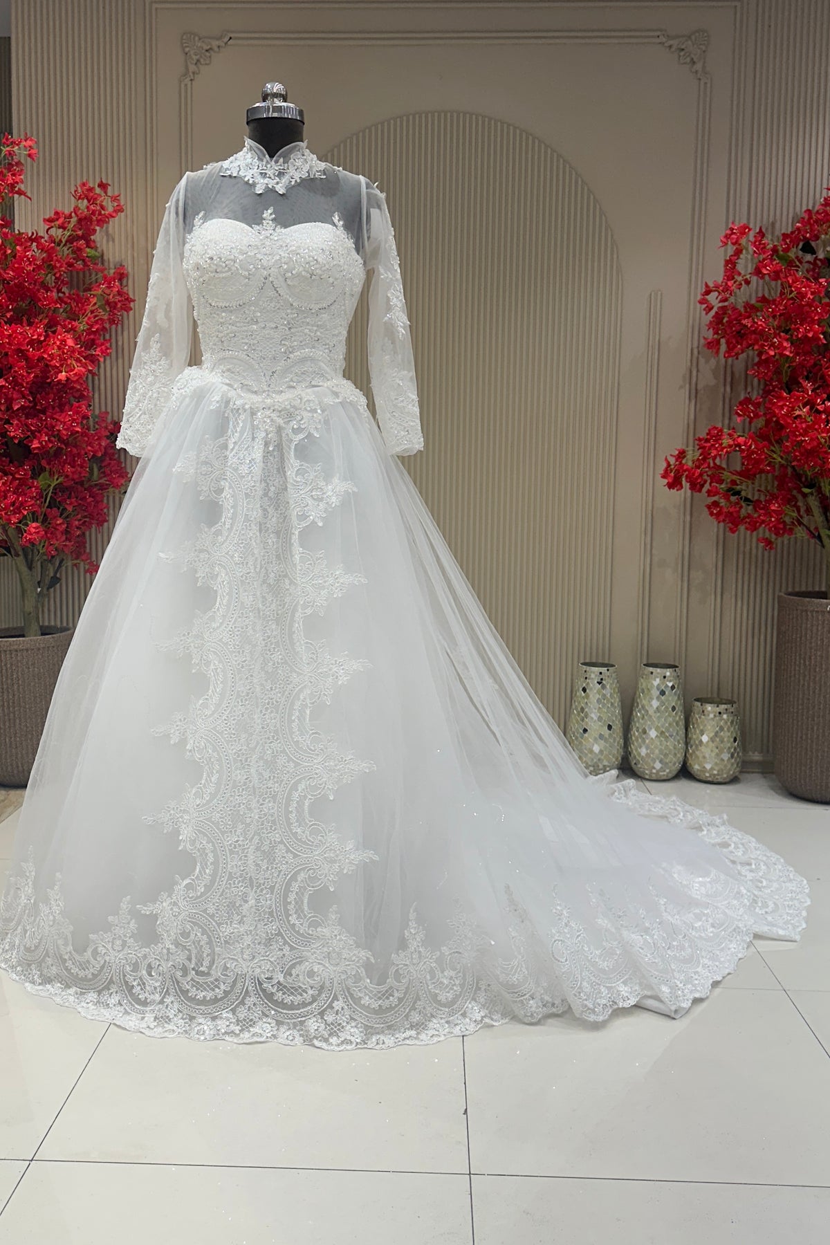Full front view off white net high neck pearl lace gown premium ethnic wear from Urban Dulhaniya