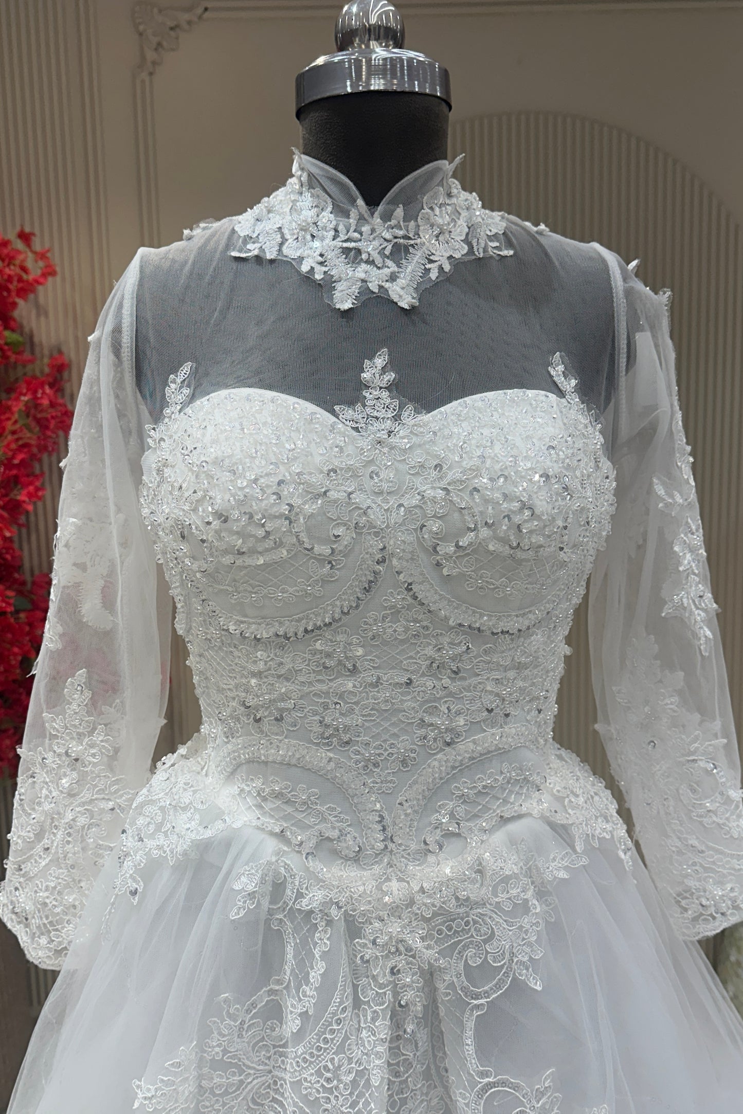 Front close-up off white net sweetheart neck sequence gown bridal & occasion saree from Urban Dulhaniya Pune