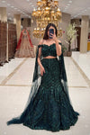 Emerald Green Heavy Sequin Mermaid Lehenga with Off-Shoulder Blouse and Cape Dupatta