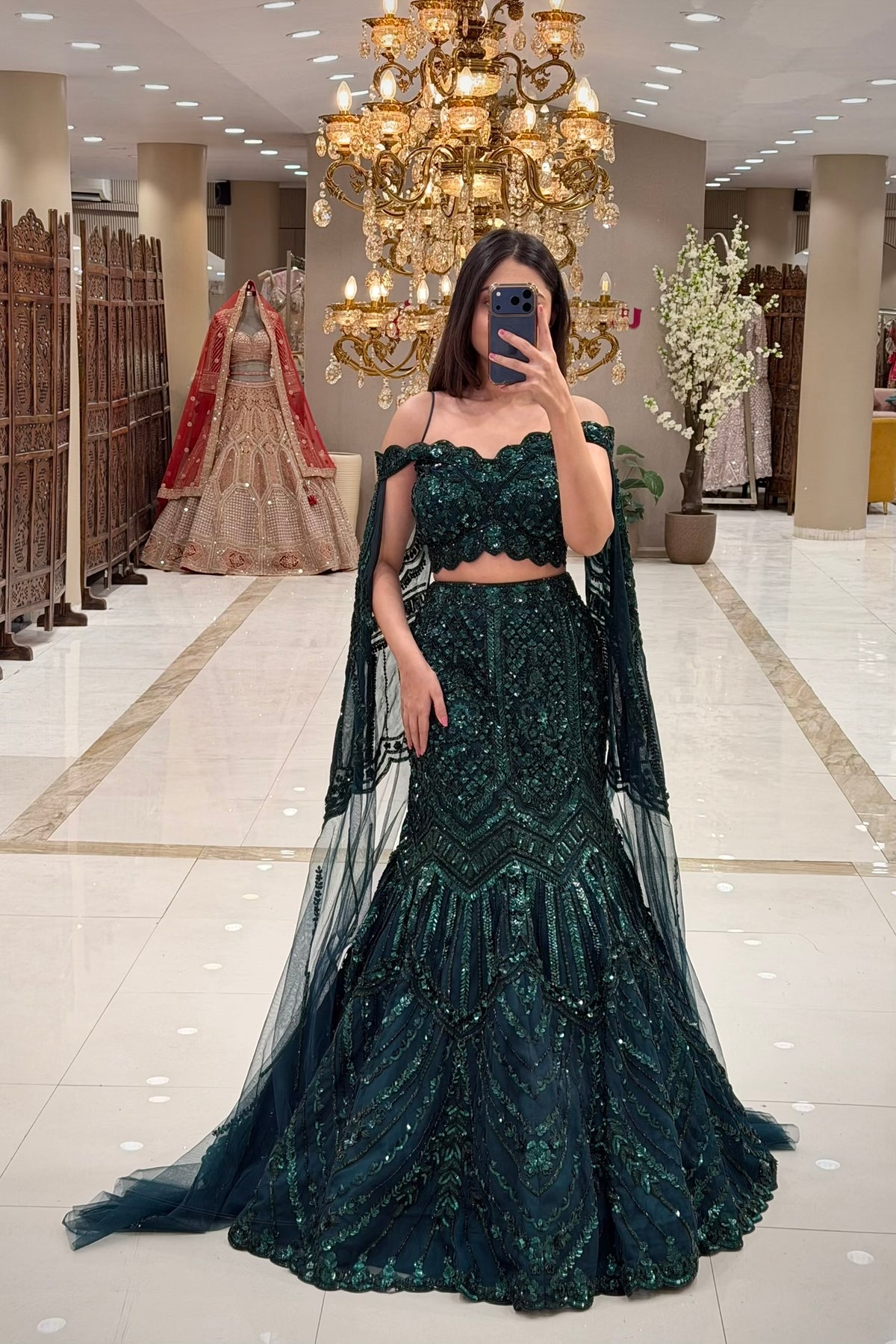 Emerald Green Heavy Sequin Mermaid Lehenga with Off-Shoulder Blouse and Cape Dupatta