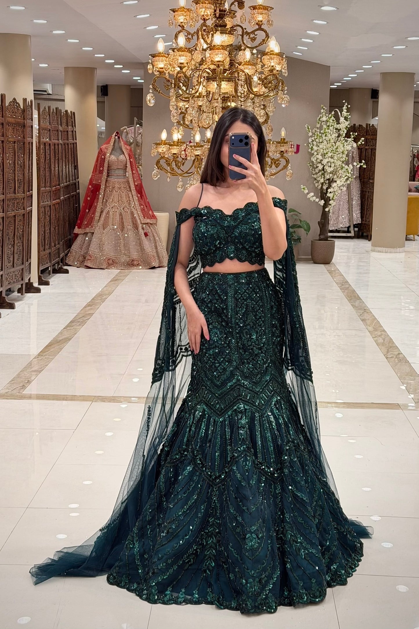 Emerald Green Heavy Sequin Mermaid Lehenga with Off-Shoulder Blouse and Cape Dupatta