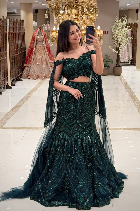 Full length emerald green mermaid lehenga with cape dupatta and sequin skirt – Urban Dulhaniya Pune