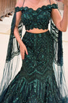 Emerald Green Heavy Sequin Mermaid Lehenga with Off-Shoulder Blouse and Cape Dupatta