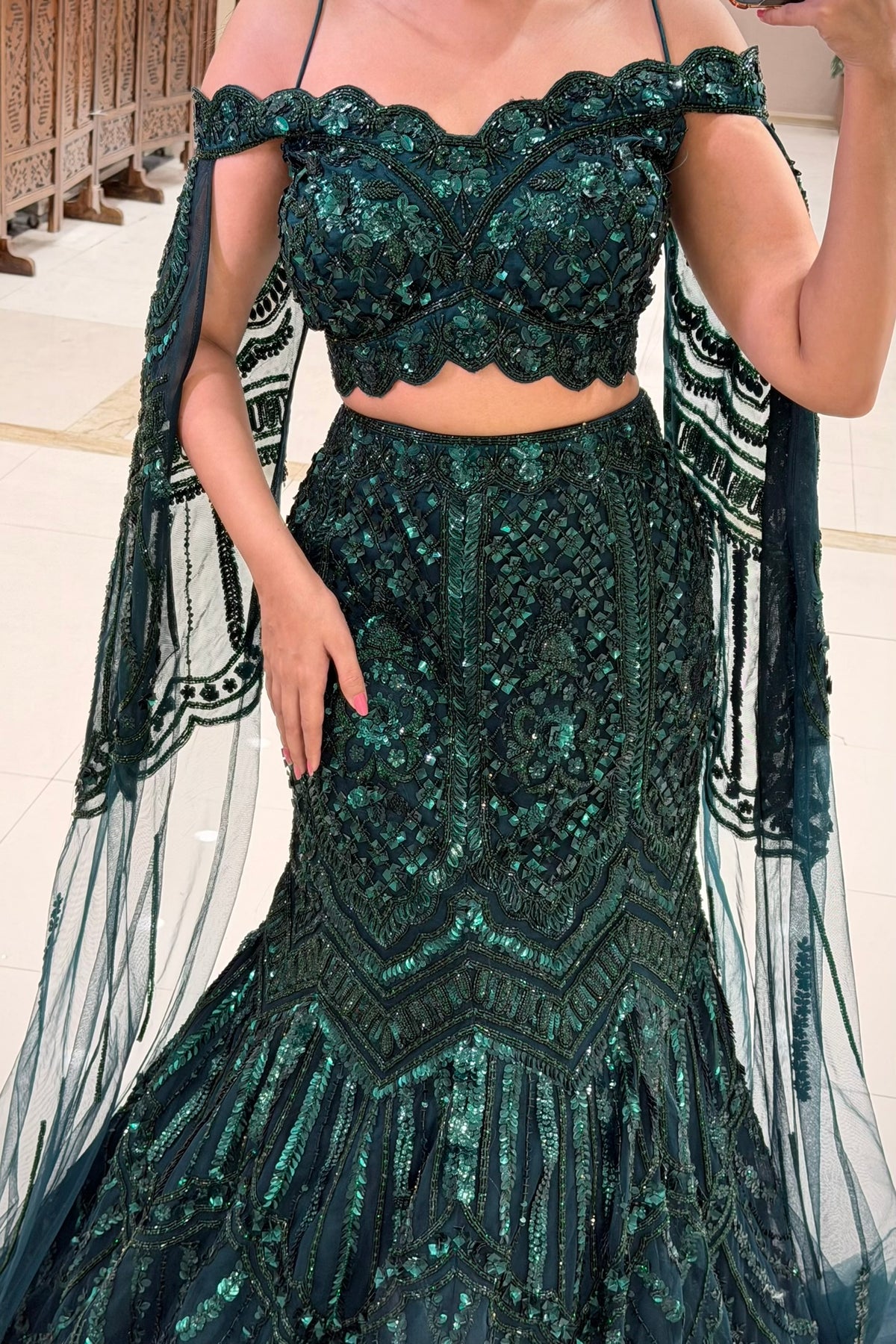 Emerald Green Heavy Sequin Mermaid Lehenga with Off-Shoulder Blouse and Cape Dupatta