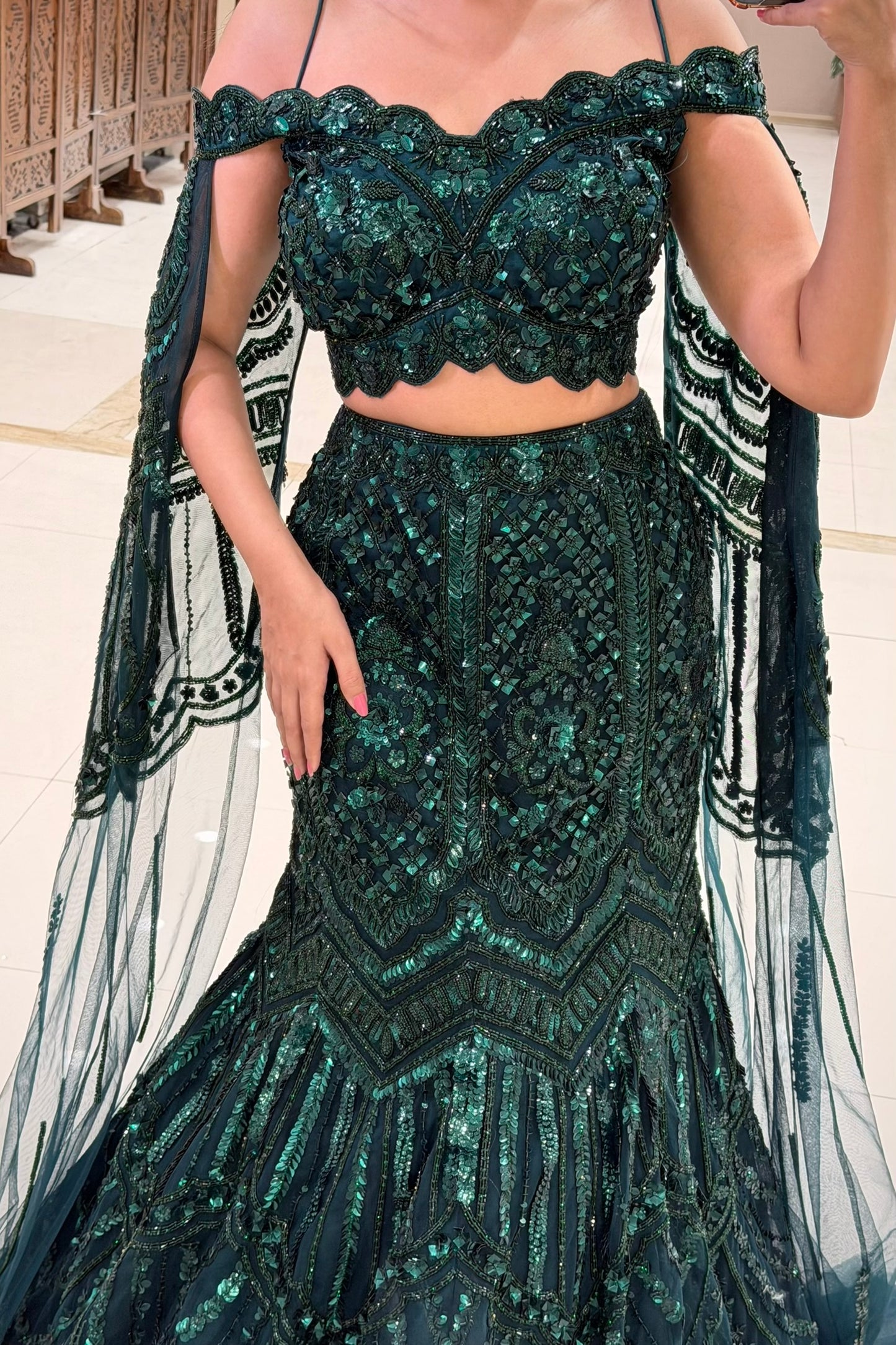 Emerald Green Heavy Sequin Mermaid Lehenga with Off-Shoulder Blouse and Cape Dupatta
