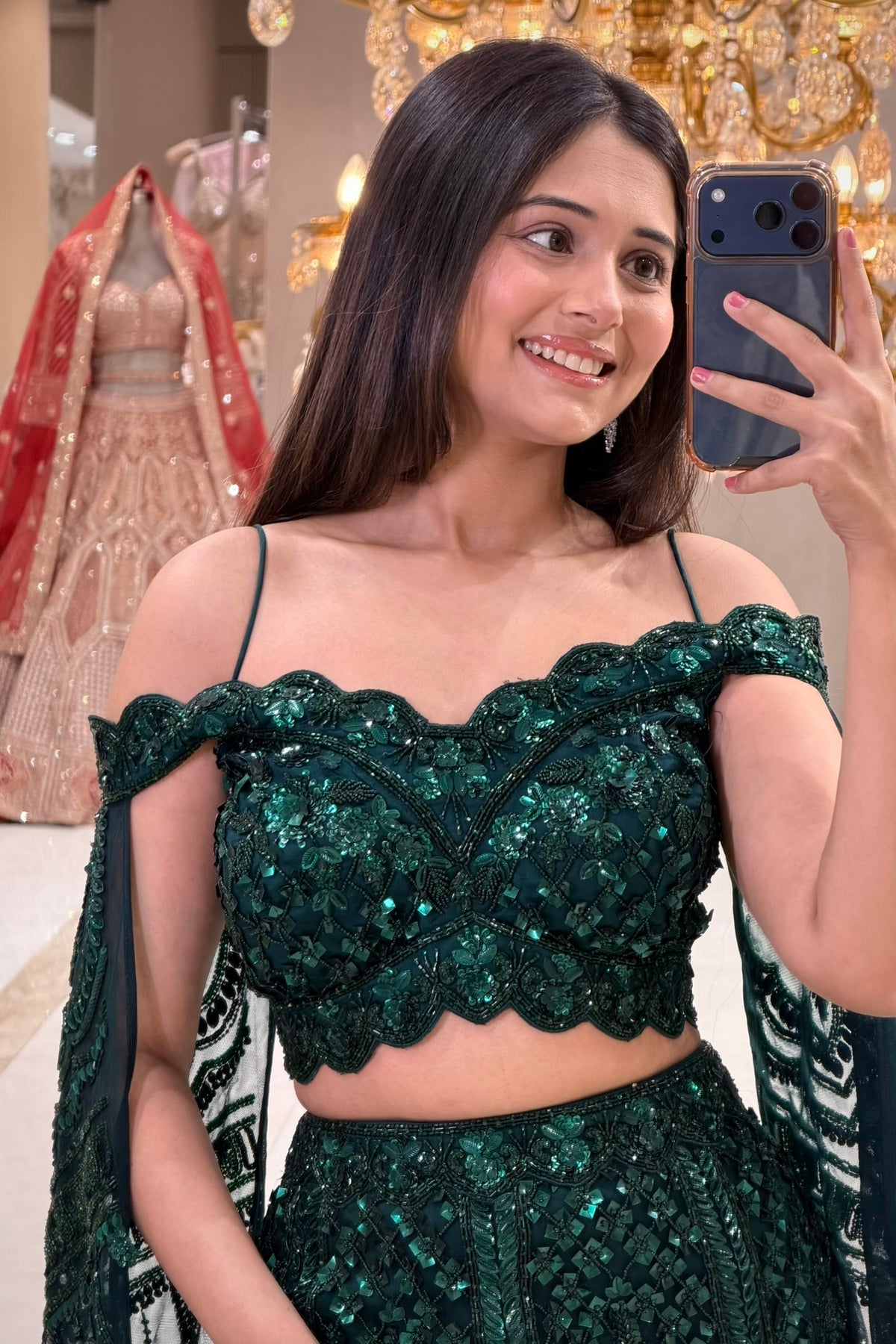 Emerald Green Heavy Sequin Mermaid Lehenga with Off-Shoulder Blouse and Cape Dupatta