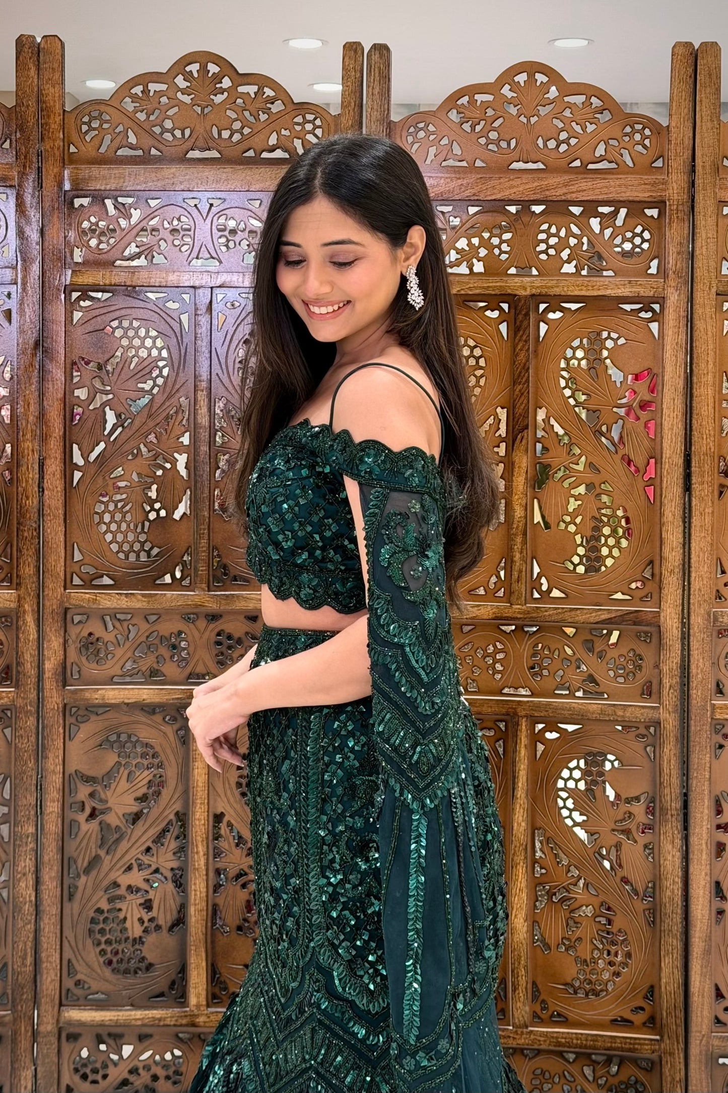 Emerald green off-shoulder sequin lehenga blouse with scallop neckline – Urban Dulhaniya Pune