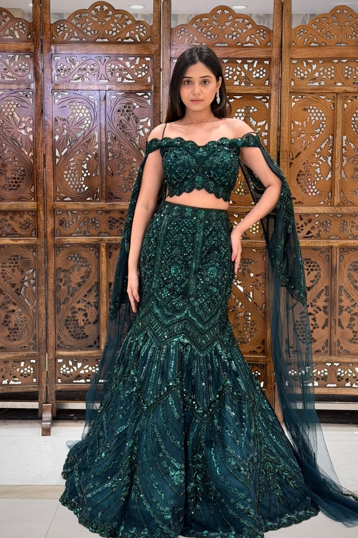 Emerald Green Heavy Sequin Mermaid Lehenga with Off-Shoulder Blouse and Cape Dupatta