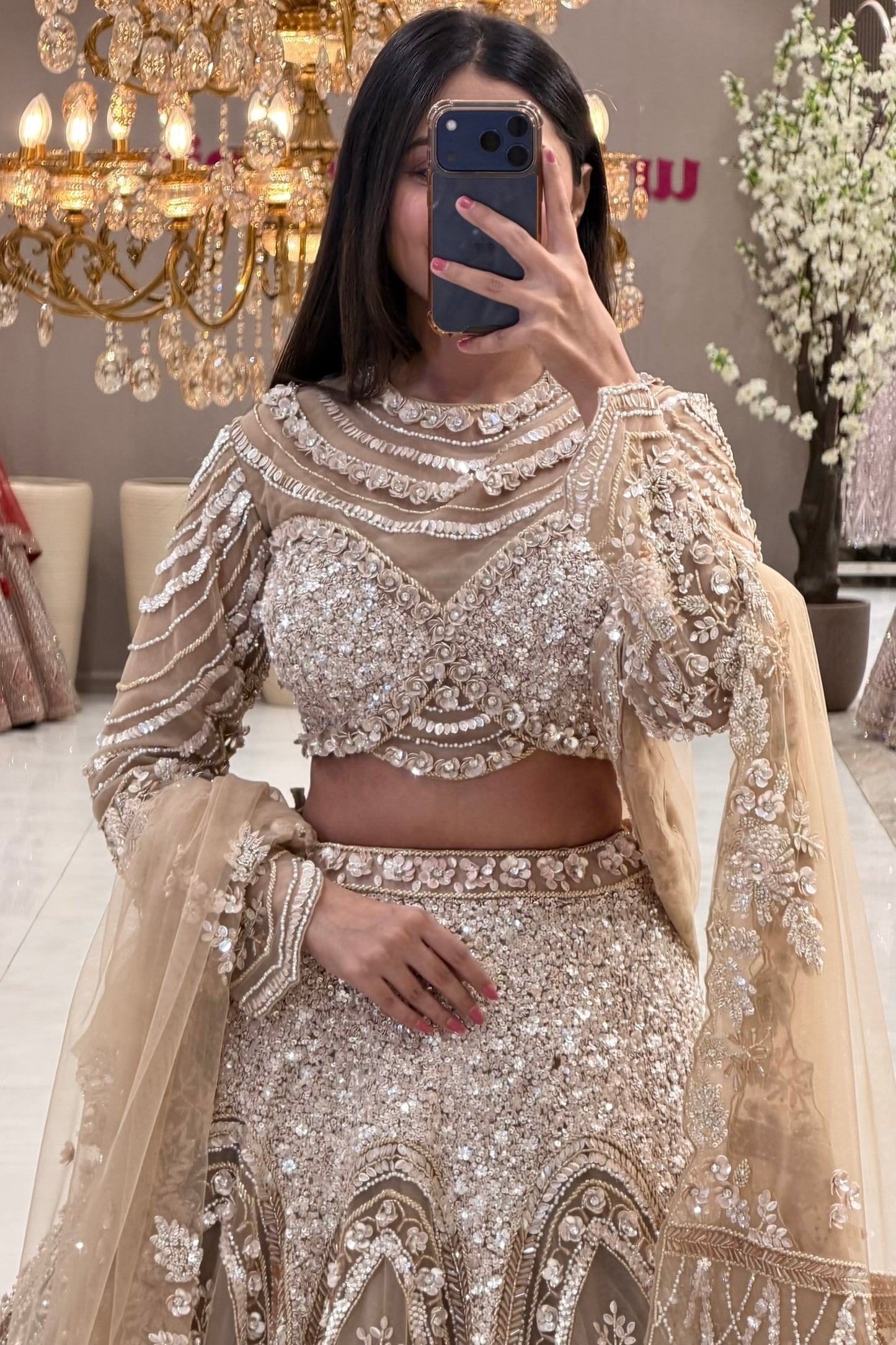 Indian bridal lehenga in champagne gold with pearl embroidery – NRI bridal shopping at Urban Dulhaniya Pune