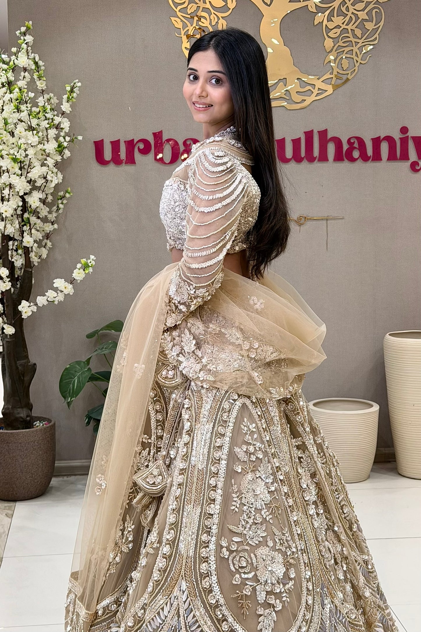Champagne gold pearl cage bridal blouse with sequin sweetheart bodice – luxury bridal wear Urban Dulhaniya Pune