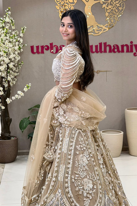 Champagne gold pearl cage bridal blouse with sequin sweetheart bodice – luxury bridal wear Urban Dulhaniya Pune
