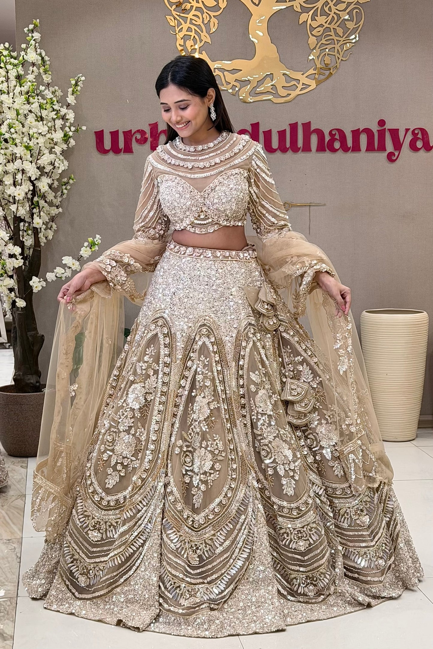 Full length champagne bridal lehenga with layered net dupatta and sequin skirt – Urban Dulhaniya Pune
