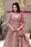 Rose Pink Bridal Lehenga with Zari Embroidery, Handwork Blouse, Pom Pom Dupatta and Gold Panel Skirt