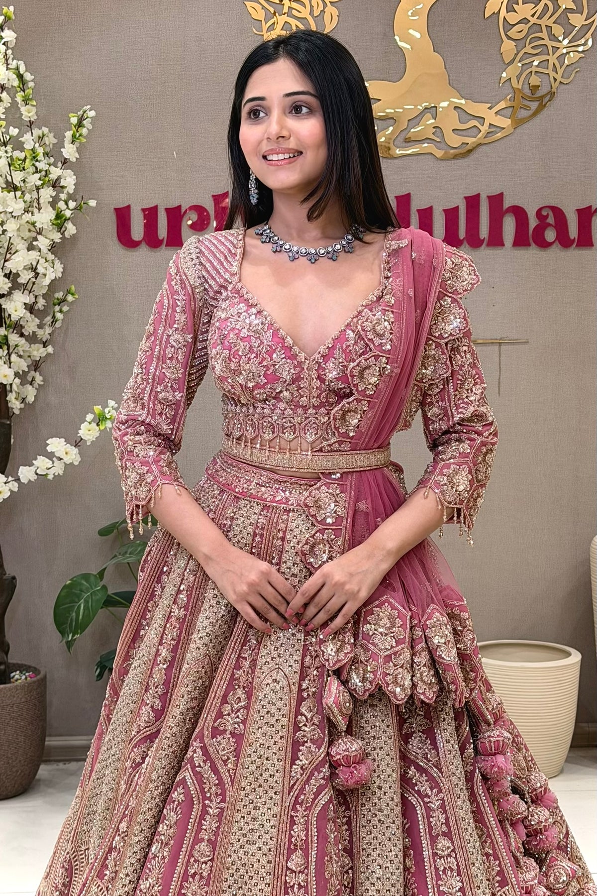 Rose pink zari lehenga with handwork blouse and gold panel skirt at Urban Dulhaniya MG Road Pune