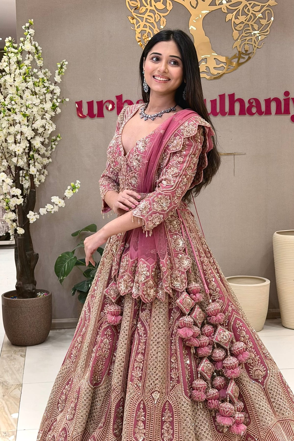 Indian rose pink bridal lehenga with zari and handwork – NRI bridal shopping at Urban Dulhaniya Pune