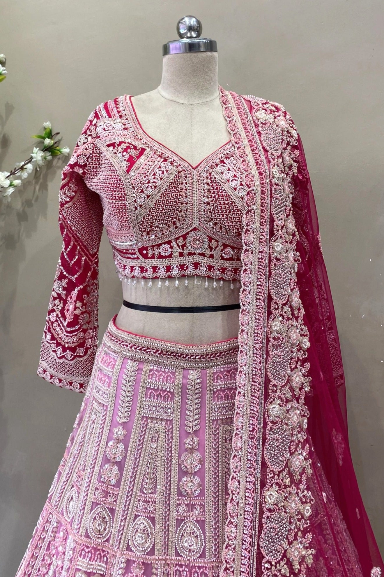Ombre Pink & Magenta Bridal Lehenga | Heavy Crystal Embroidery