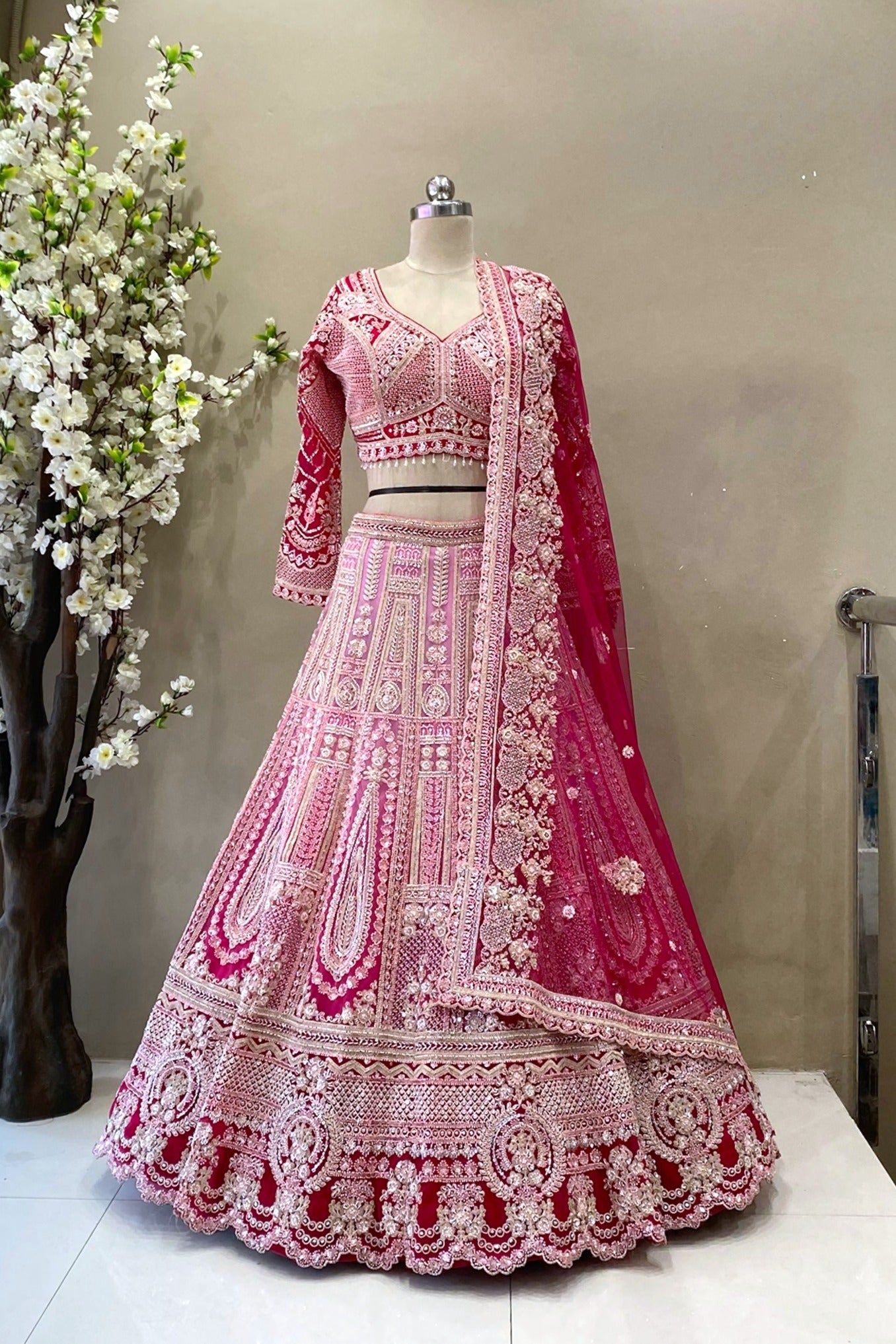 Ombre Pink & Magenta Bridal Lehenga | Heavy Crystal Embroidery