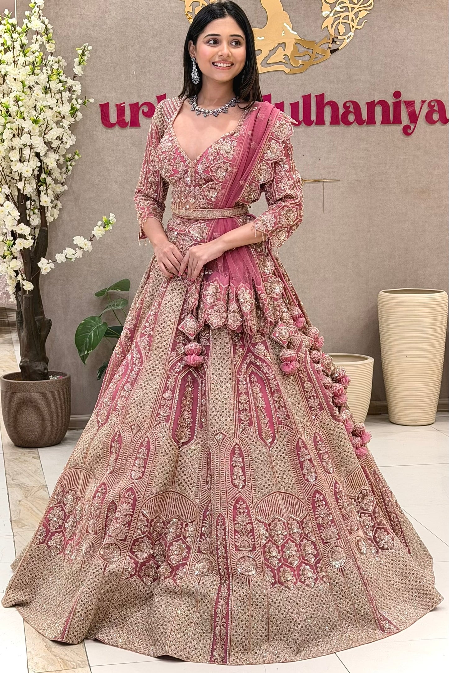 Rose pink bridal lehenga blouse with handwork embroidery and deep V neckline – Urban Dulhaniya Pune