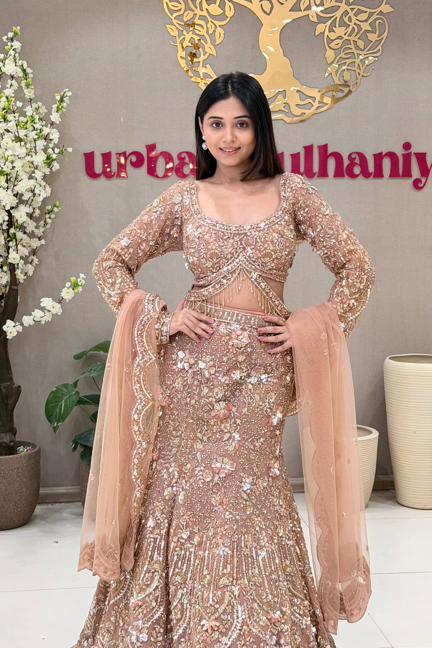 Peach Indian bridal lehenga with rose gold sequin and handwork, NRI bridal shopping Urban Dulhaniya Pune