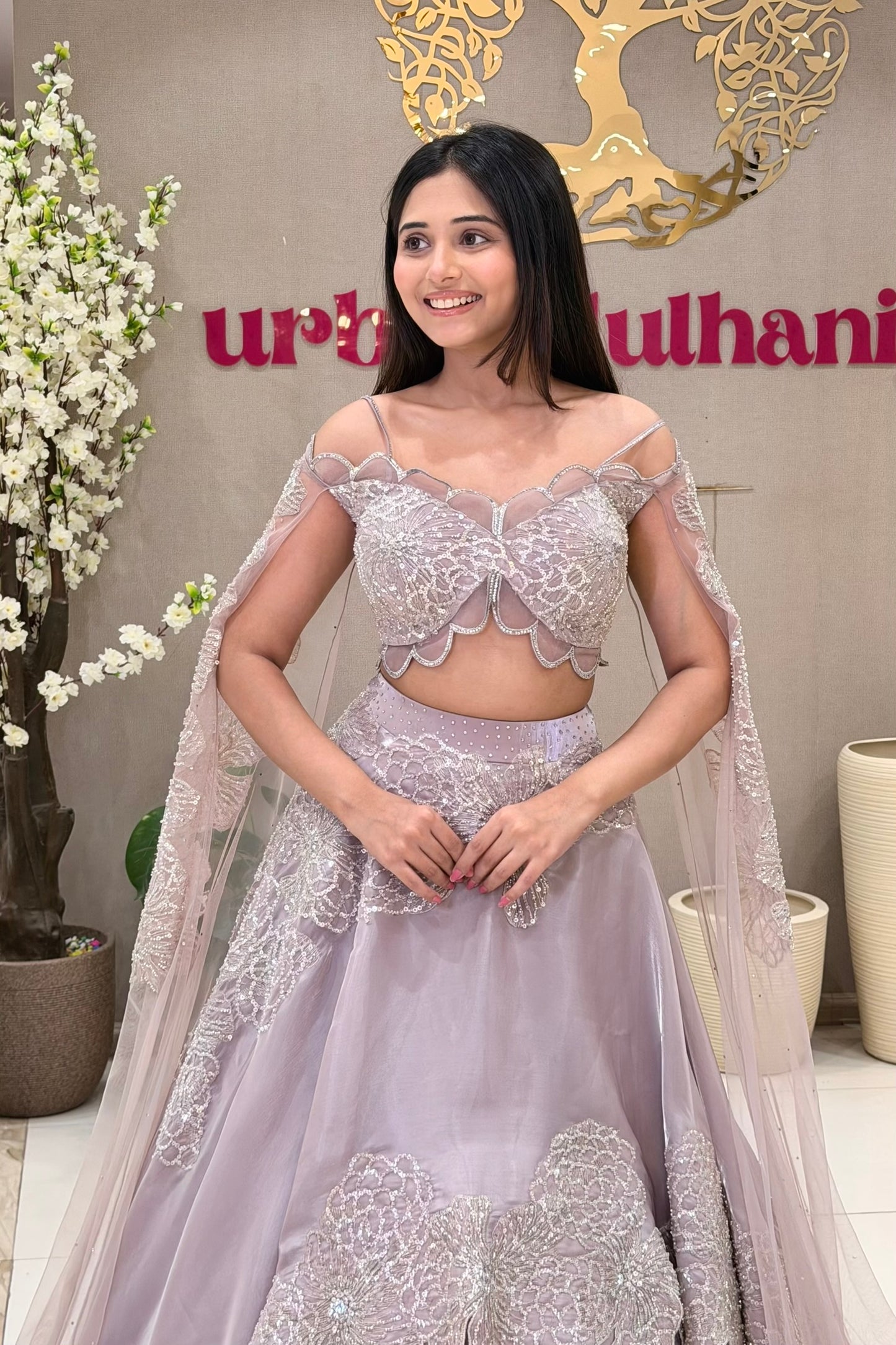 Lavender butterfly blouse lehenga with silver sequin embroidery and off-shoulder net, Urban Dulhaniya Pune