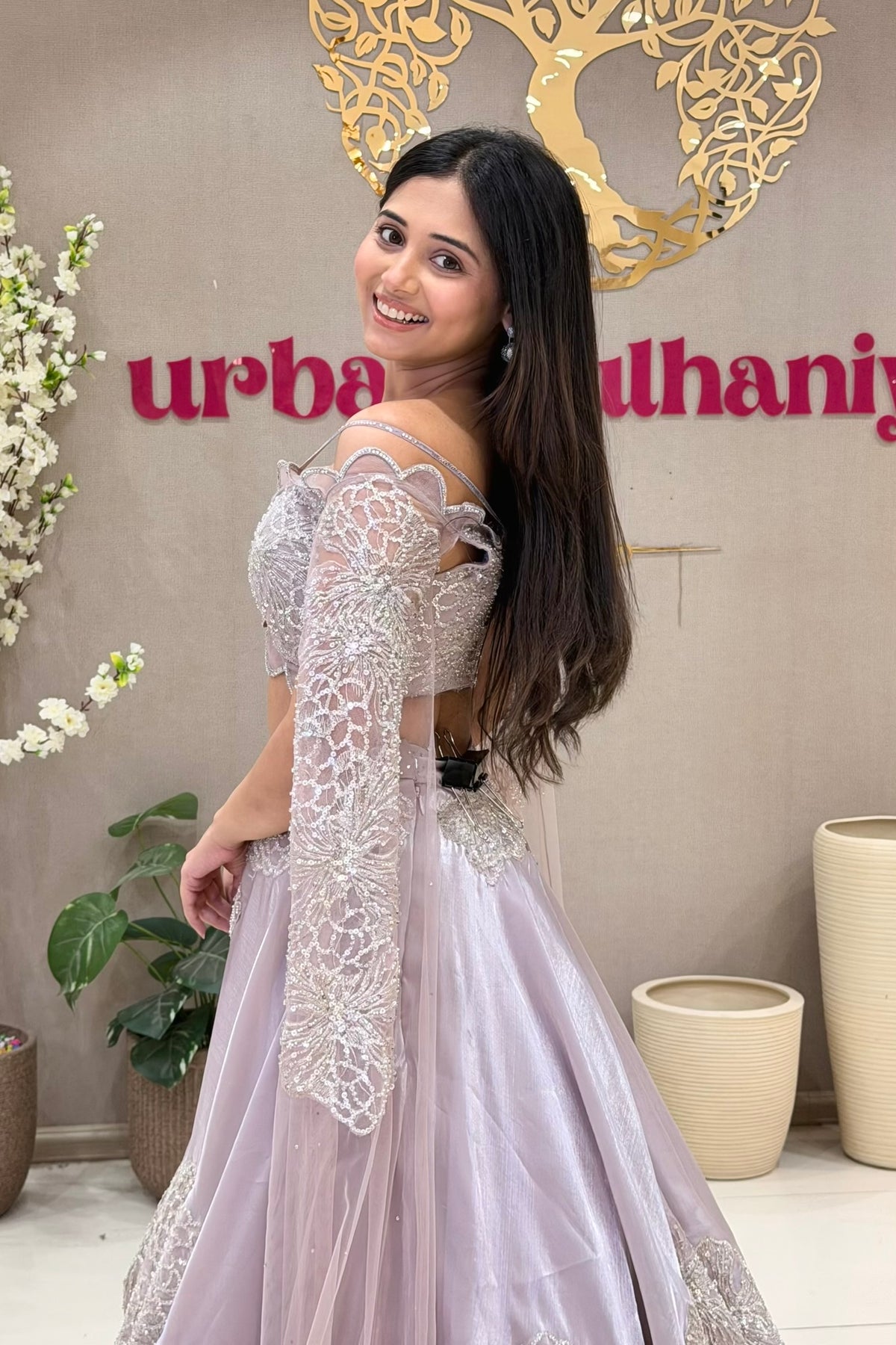 Side view of lavender silver lehenga with butterfly blouse and cape dupatta , urban Dulhaniya Pune