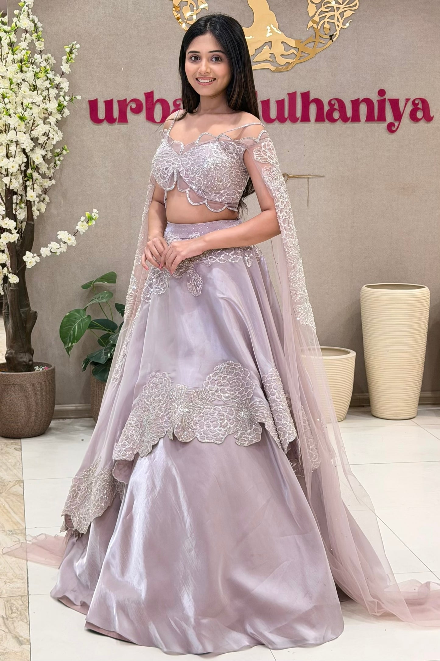 Full length lavender lehenga with butterfly blouse, floral skirt and cape dupatta, Urban Dulhaniya Pune