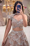 Nude champagne lehenga with one-shoulder choker blouse and white floral bead handwork, Urban Dulhaniya