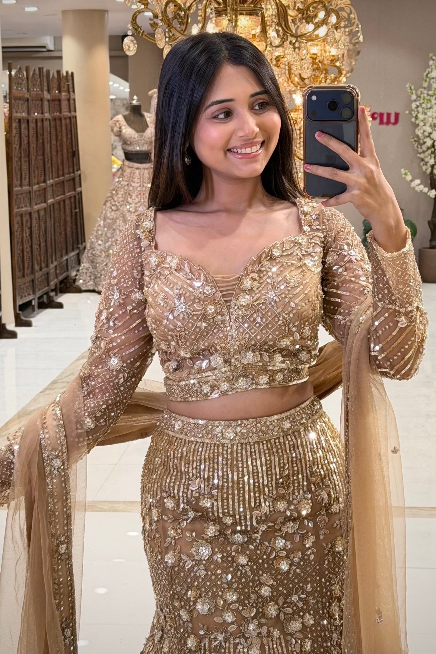 Champagne Gold Sequin & Pearl Mermaid Lehenga Set with Full Sleeve Blouse and Net Dupatta