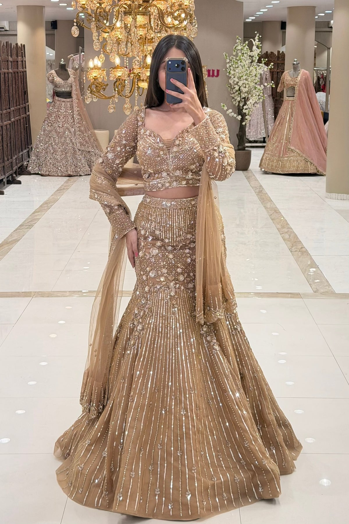 Champagne Gold Sequin & Pearl Mermaid Lehenga Set with Full Sleeve Blouse and Net Dupatta
