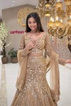 Champagne Gold Sequin & Pearl Mermaid Lehenga Set with Full Sleeve Blouse and Net Dupatta