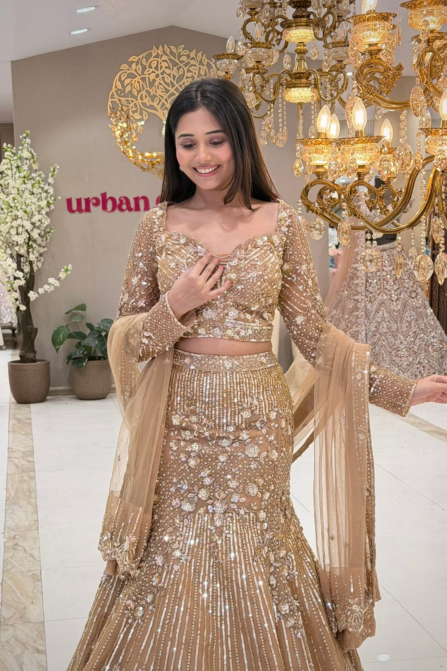 Champagne Gold Sequin & Pearl Mermaid Lehenga Set with Full Sleeve Blouse and Net Dupatta