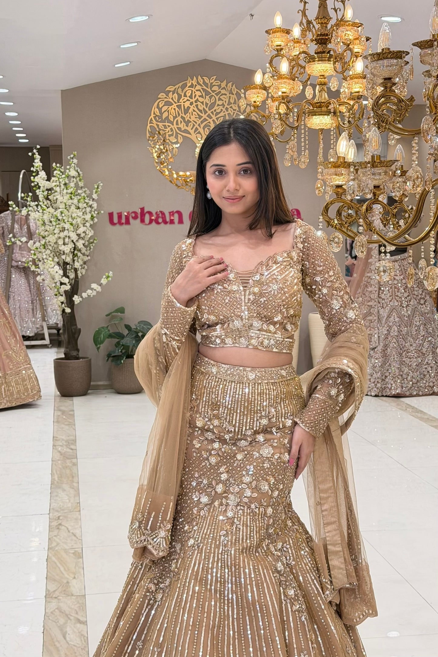 Full length champagne gold mermaid lehenga with pearl vertical embroidery – Urban Dulhaniya Pune