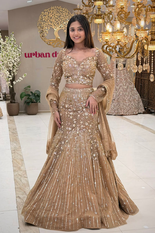 Champagne gold full sleeve lehenga blouse with sequin diamond lattice and 3D florals – Urban Dulhaniya