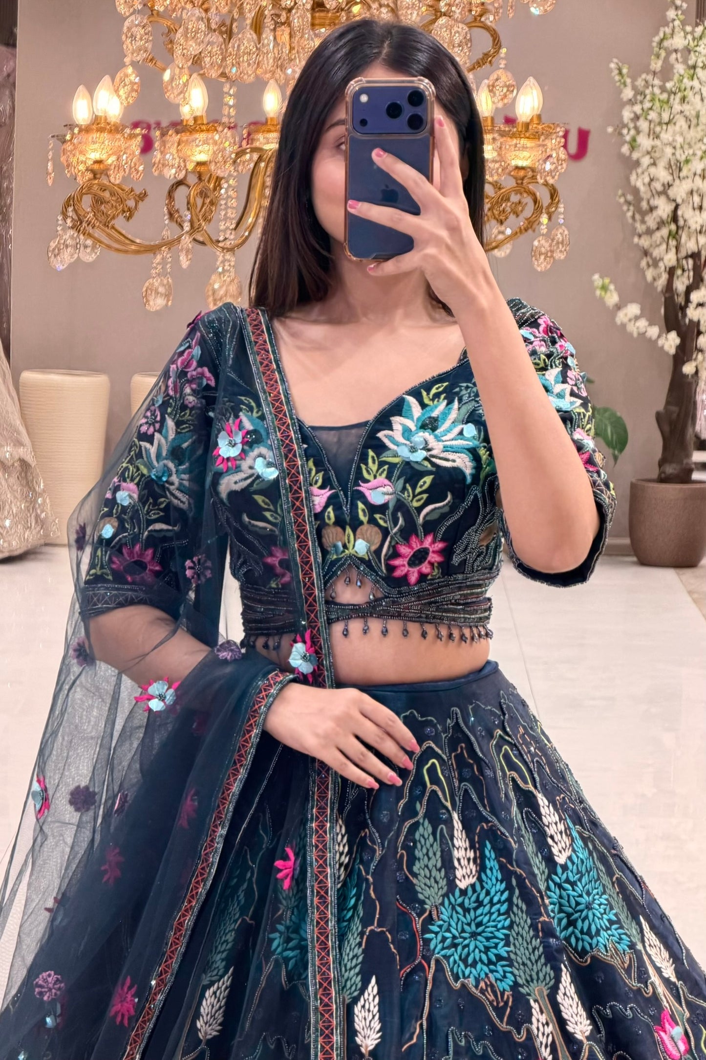Luxury navy garden lehenga Pune – multicolour thread handwork blouse at Urban Dulhaniya boutique
Navy blue occasion wear lehenga Pune MG Road – Mughal garden set at Urban Dulhaniya Oswal Plaza
