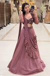Dusty Rose Draped Lehenga with Sequin Sweetheart Blouse, Sheer Sleeves and Attached Dupatta