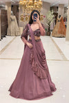 Dusty Rose Draped Lehenga with Sequin Sweetheart Blouse, Sheer Sleeves and Attached Dupatta