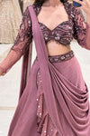 Dusty Rose Draped Lehenga with Sequin Sweetheart Blouse, Sheer Sleeves and Attached Dupatta