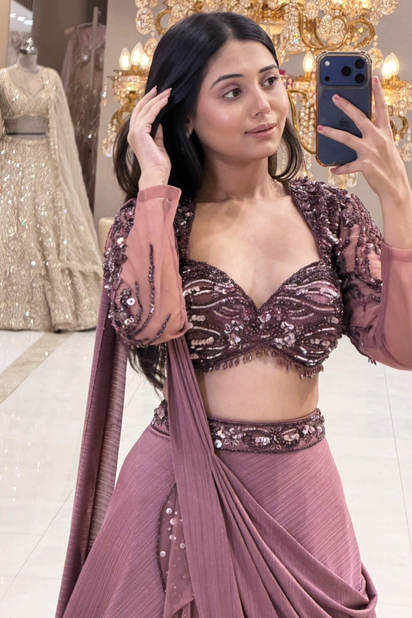 Dusty rose sheer sleeve blouse with plum sequin embroidery and sweetheart neckline – Urban Dulhaniya