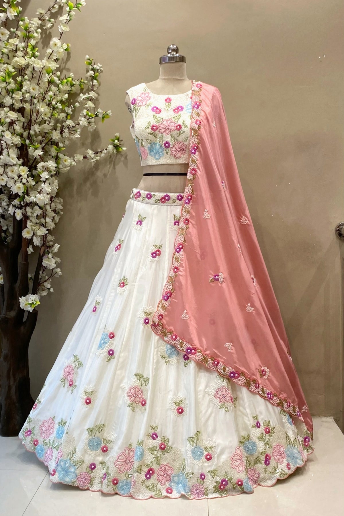 Ivory and Pastel Floral Embroidered Designer Lehenga