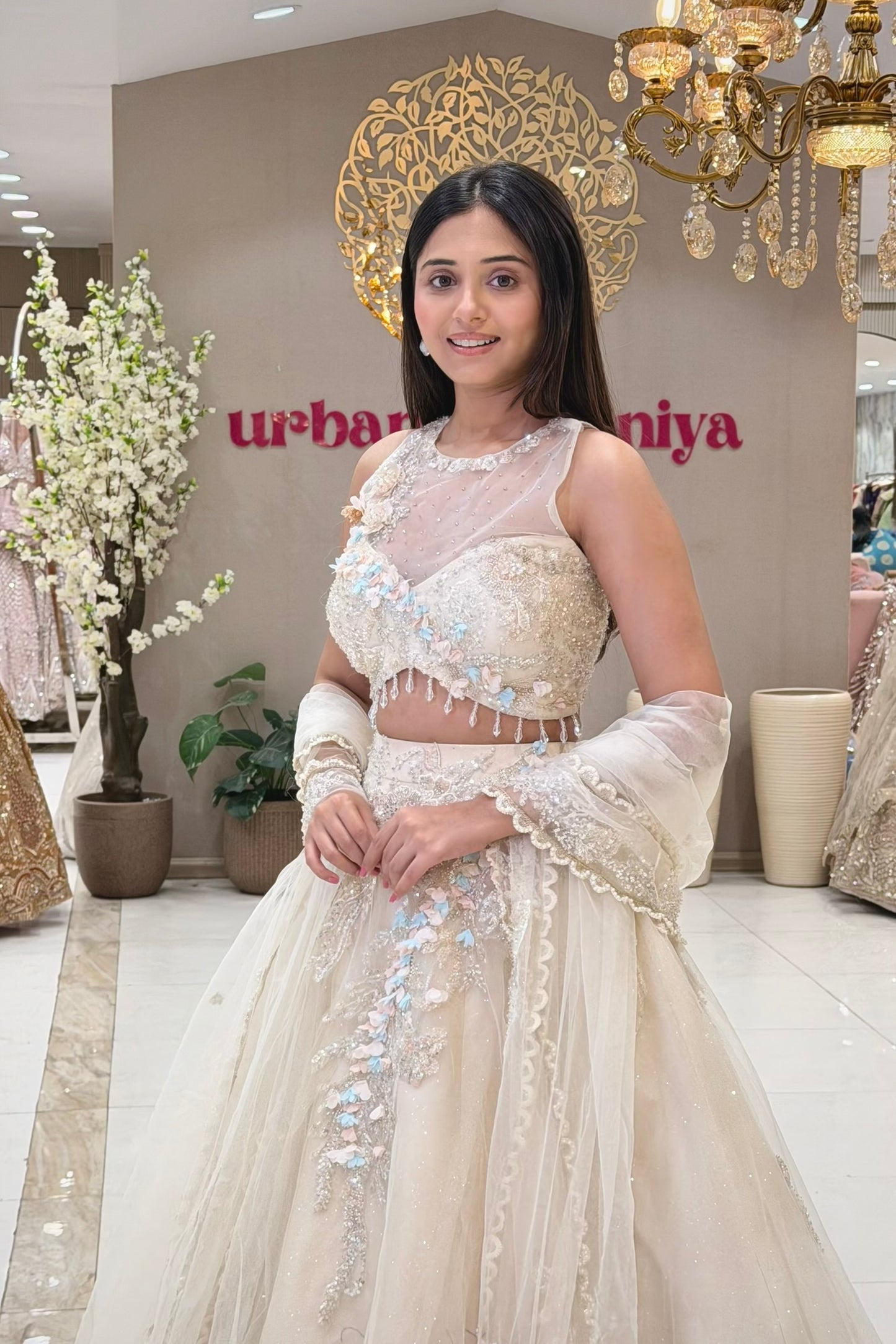 Ivory White 3D Floral Bridal Lehenga Set with Illusion Neckline Blouse and Shimmer Dupatta