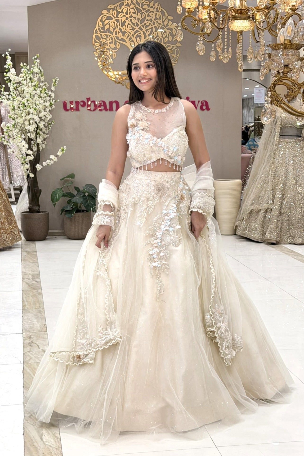 Ivory white bridal lehenga with 3D floral blouse, shimmer skirt and net dupatta – Urban Dulhaniya Pune